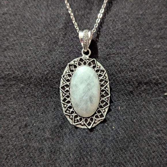 Silver Plated White Moonstone Gemstone Oval Pendant Statement Necklace - Picture 1 of 4